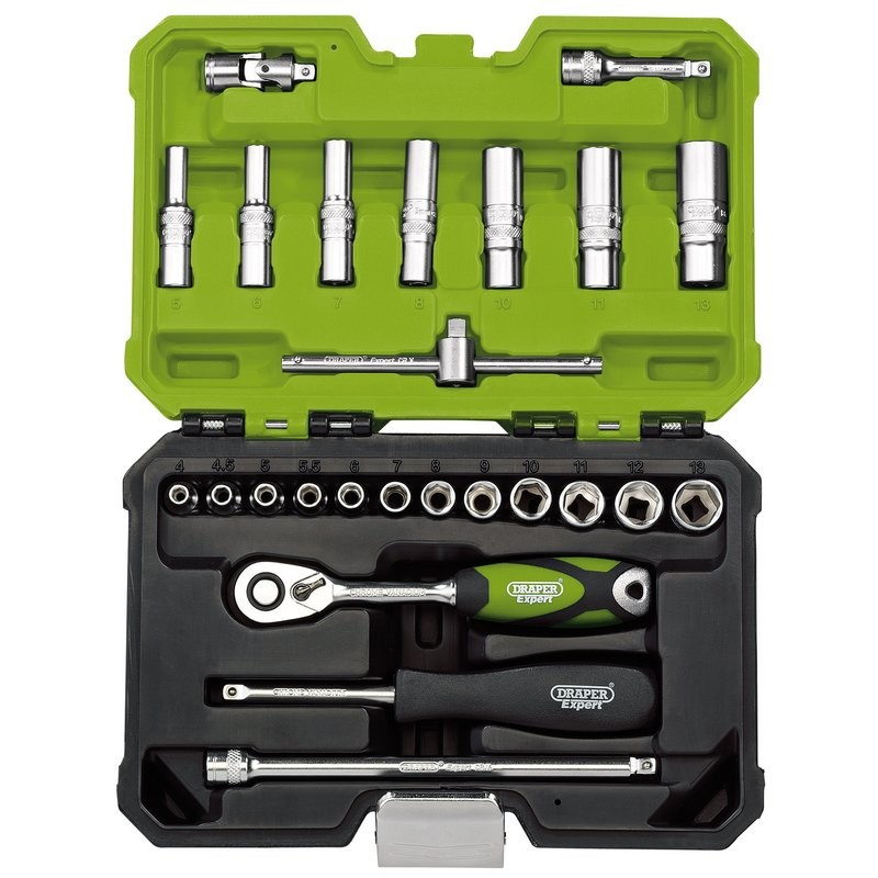 Expert Metric Socket Set, 1/4" Square. Dr., Green (25Pc) - Duchy Fasteners