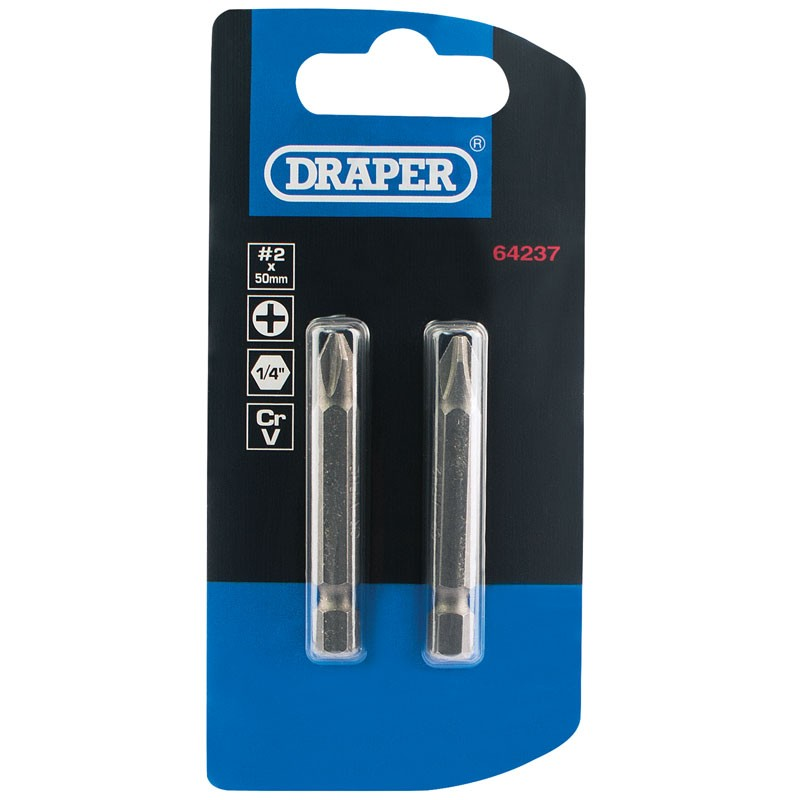 No2 Cross Slotted 1/4"Hex Bit 50Mm (2 Pack) - Duchy Fasteners