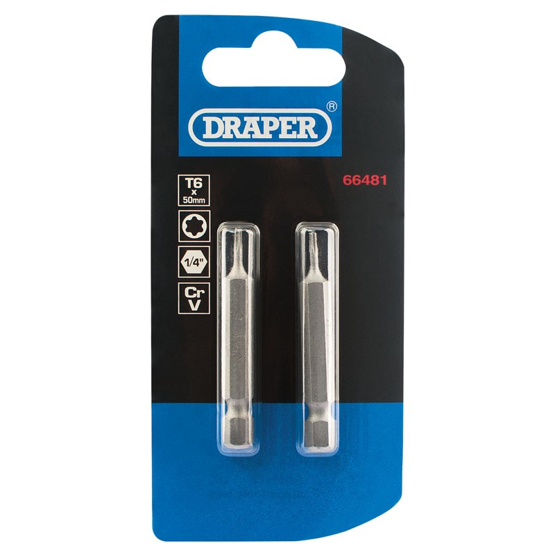 T6 Torx Star 1/4"Hex Bit 50Mm (2 Pack) - Duchy Fasteners