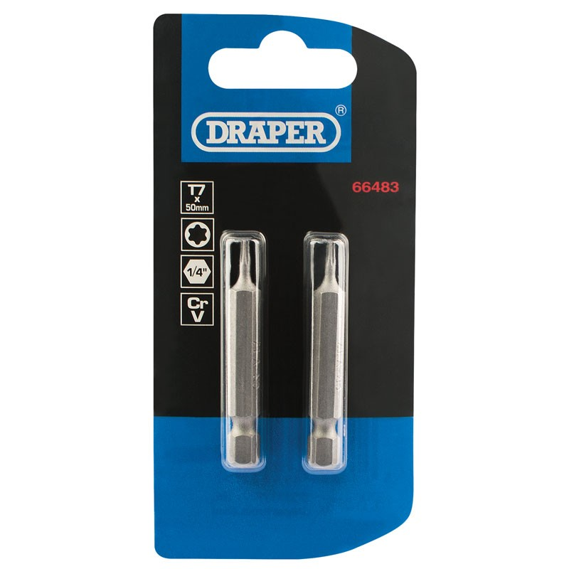 T7 Torx Star 1/4"Hex Bit 50Mm (2 Pack) - Duchy Fasteners
