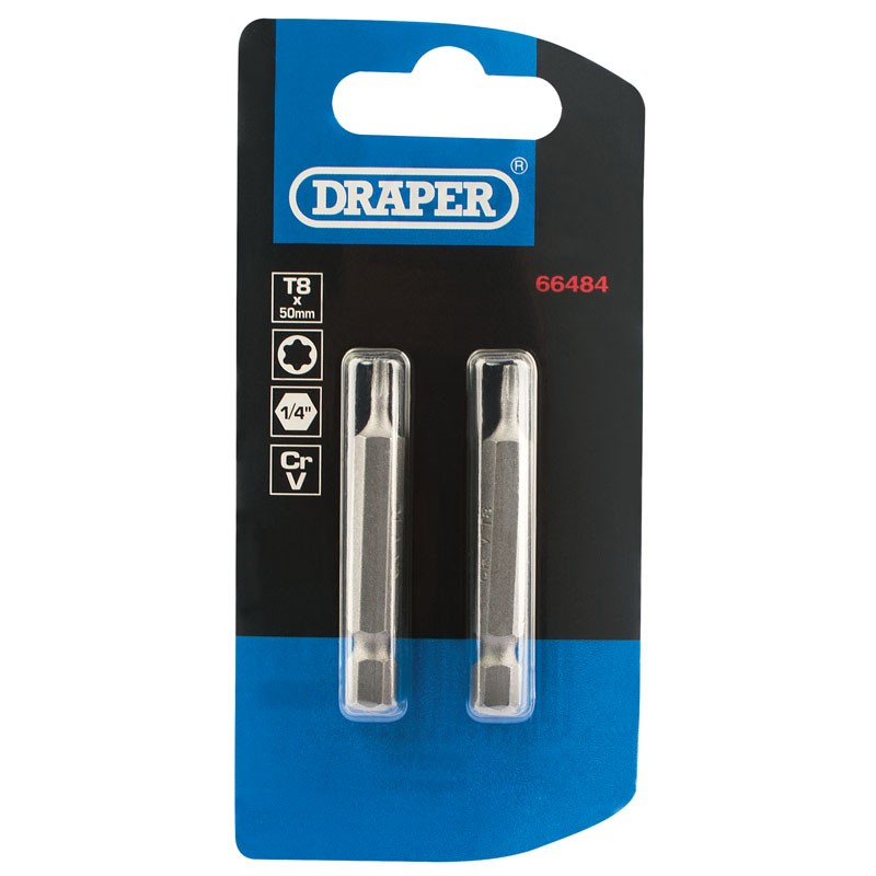 T8 Torx Star 1/4"Hex Bit 50Mm (2 Pack) - Duchy Fasteners