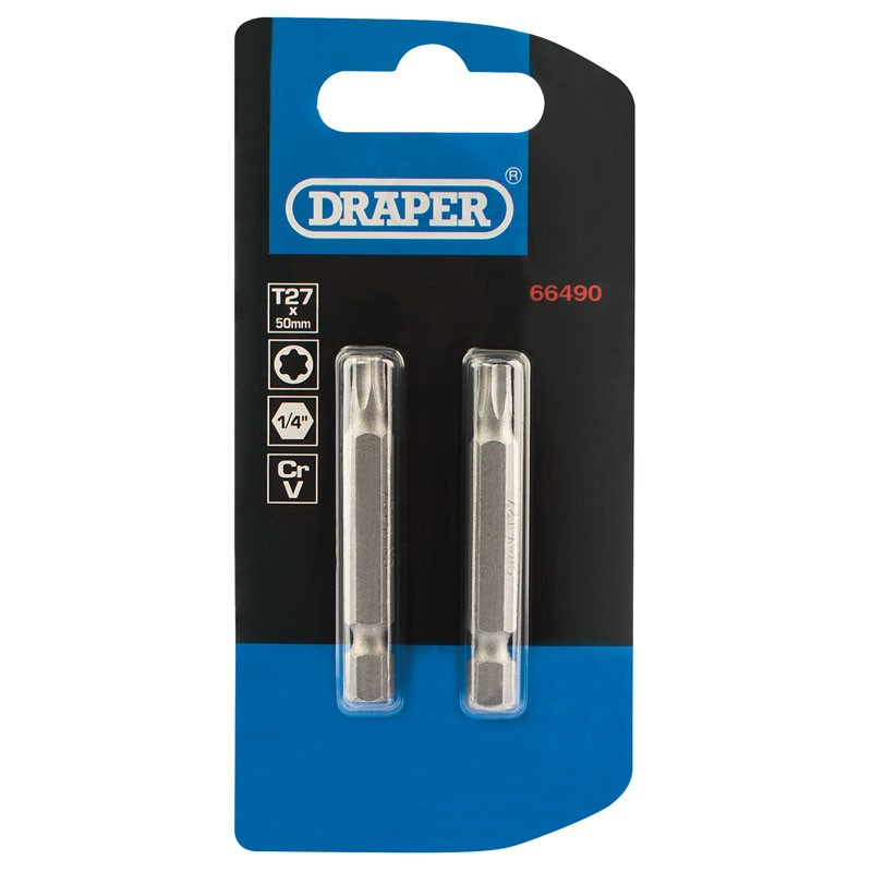 T27 Torx Star 1/4"Hex Bit 50Mm (2 Pack) - Duchy Fasteners