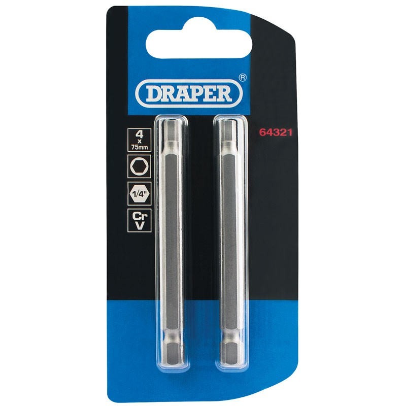 4Mm 1/4" Hexagonal Insert Bit 75Mm Long X 2 - Duchy Fasteners